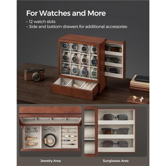 12 Slot Wood Watch Display Box Vertical Organizer with Drawer Velvet Lining - Picture 4 of 7